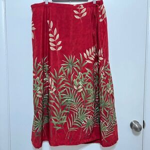 Vintage Womans Tropical Leaf Print Wrap Maxi Skirt Size 28W Red Boho Kathie Lee